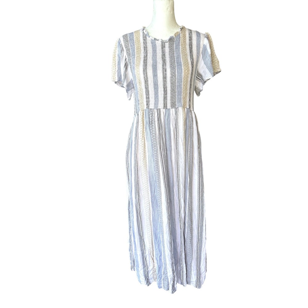 Polagram Blue Tan Striped Smocked Midi Dress  Pockets Flutter Sleeve Cotton L